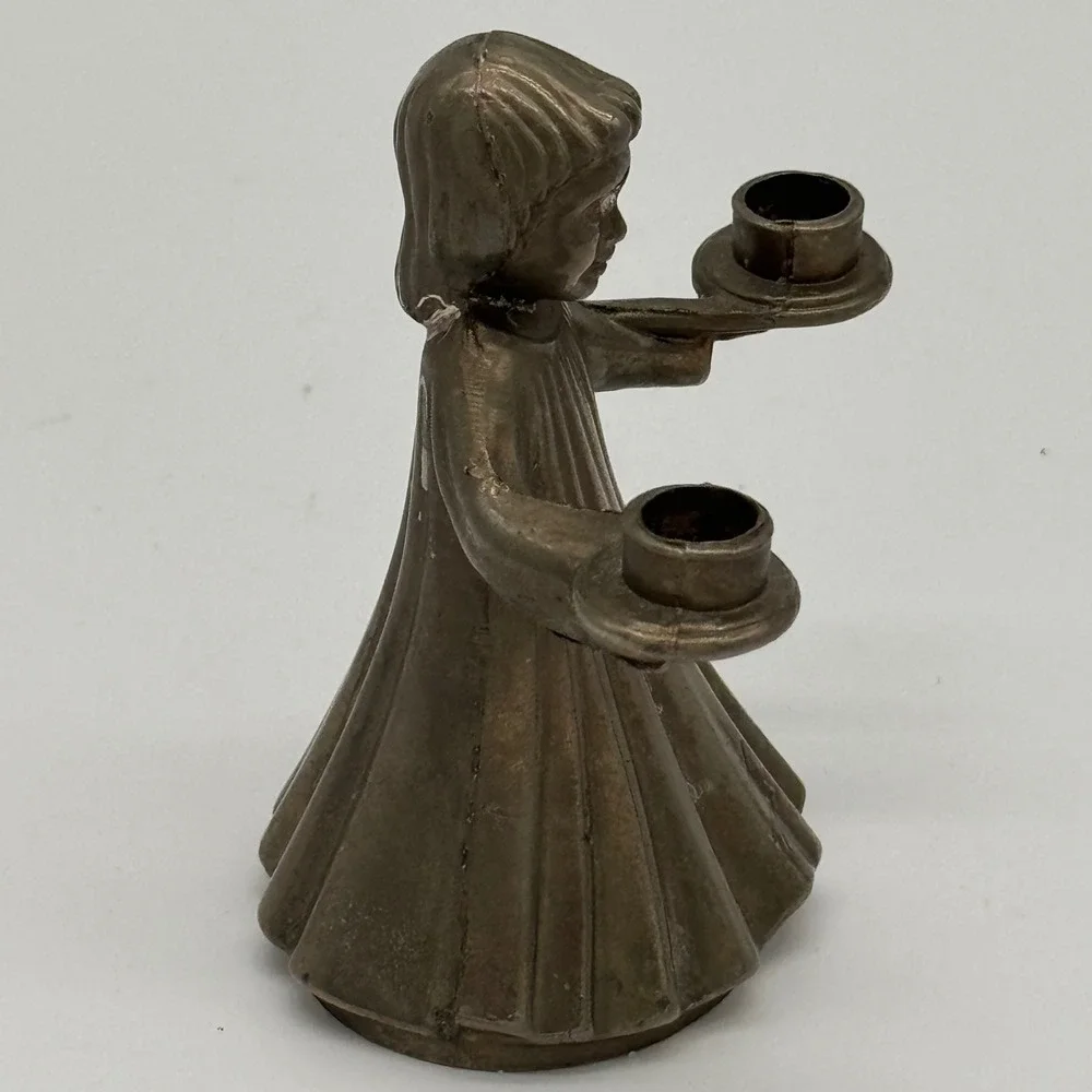 Vintage Metal Choir Boy Candle Holder Double Small Taper Silver Plated 3.5